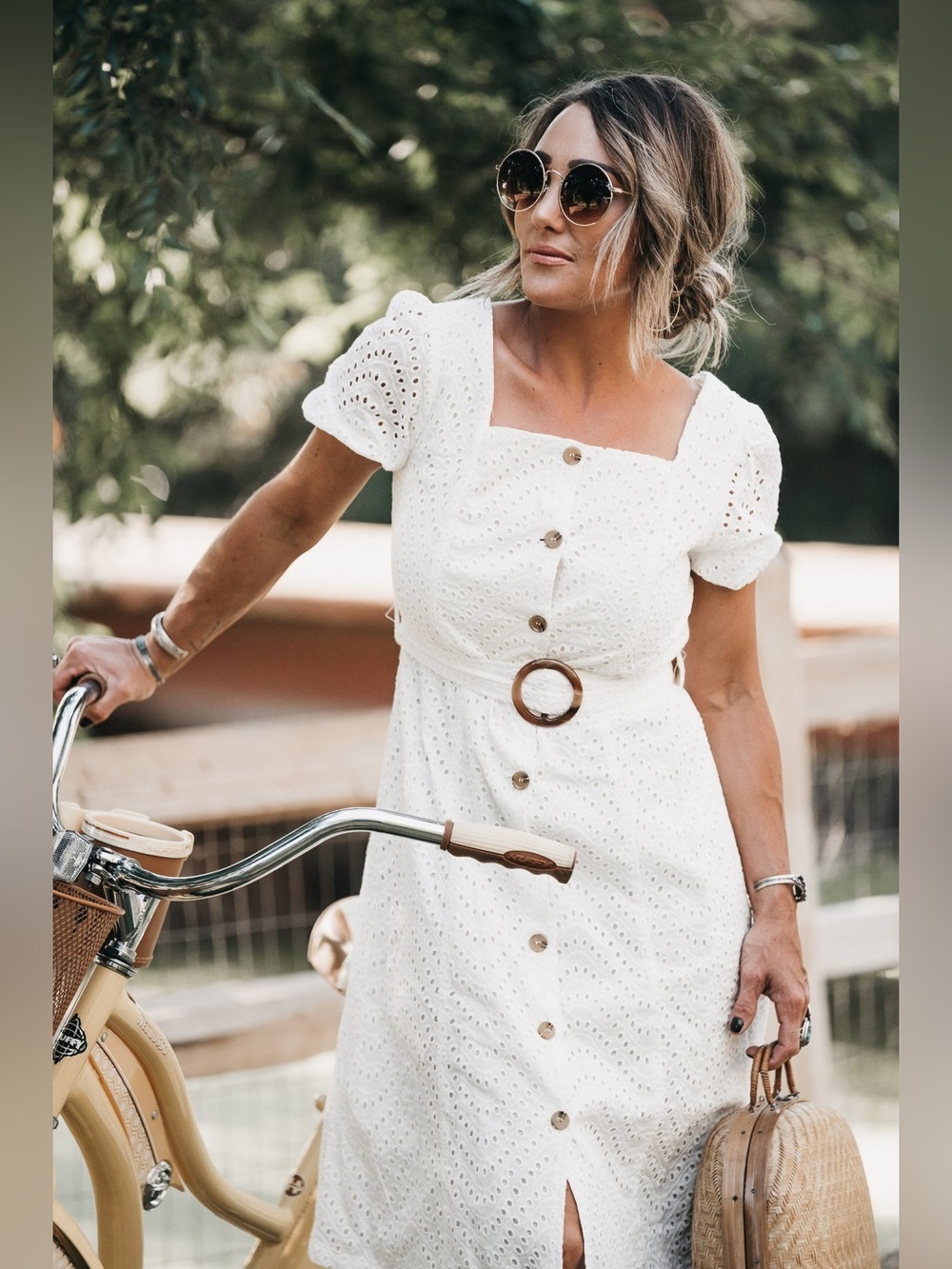 NWT Square-Neck White Eyelet Midi Dress with Belt - Picture 2 of 6